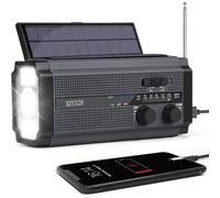 Radio solar portátil con manivela y dinamo, radio AM/FM, batería recargable integrada de 5000 mAh, linterna LED de 3 modos y alarma SOS