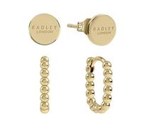 Radley Pendientes de aro chapados en oro de 18 quilates para mujer, diseño de disco y bolitas, Chapado en oro