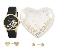 RADLEY Reloj de pulsera de cuero negro chapado en oro para mujer, par de pendientes de corazón chapados en oro de 18 quilates y bandeja de cerámica con forma de corazón, juego de regalo, negro,
