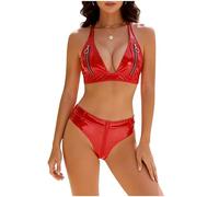 Raenseen Conjunto Lencería Cuero PU Mujer Sutié con Cierre Cremallera Y Espalda En Y con Calzoncillos Clubes Nocturnos Baile Pólvora Rojo S