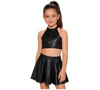 Raenseen Niños Top Corto Metálico Niñas con Falda Plisada Brillante Conjuntos De Baile Rave Traje Animación Negro 2-6 años