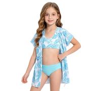 Raenseen Niños UV UPF 50+ Secado Rápido Ropa Playa Hawaiana Traje Baño Cubrirse Niñas Estampado Tropical Nadar Azul 13-14 años