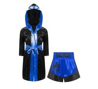 Raenseen Pantalones Cortos De Boxeo Metálicos Brillantes Para Niños Piezas Conjunto De Pantalones Cortos De Muay Thai Trajes De Entrenamiento De Boxeo Para Halloween Negro y azul 5-6 años