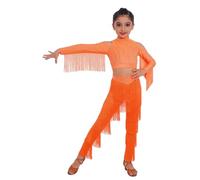 Raenseen Ropa Baile Samba Salón Latino Niñas Conjunto Blusa Corta Manga Larga Con Tassel Y Ritos Y Pantalones Con Franjeado Naranja fluorescente 13-14 años