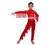 Raenseen Ropa Baile Samba Salón Latino Niñas Conjunto Blusa Corta Manga Larga Con Tassel Y Ritos Y Pantalones Con Franjeado borgoña 13-14 años