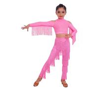 Raenseen Ropa Baile Samba Salón Latino Niñas Conjunto Blusa Corta Manga Larga Con Tassel Y Ritos Y Pantalones Con Franjeado Rosa 13-14 años