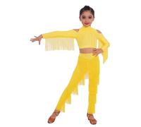 Raenseen Ropa Baile Samba Salón Latino Niñas Conjunto Blusa Corta Manga Larga Con Tassel Y Ritos Y Pantalones Con Franjeado Amarillo 13-14 años