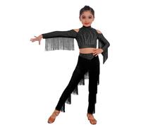 Raenseen Ropa Baile Samba Salón Latino Niñas Conjunto Blusa Corta Manga Larga Con Tassel Y Ritos Y Pantalones Con Franjeado Negro 13-14 años