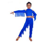 Raenseen Ropa Baile Samba Salón Latino Niñas Conjunto Blusa Corta Manga Larga Con Tassel Y Ritos Y Pantalones Con Franjeado Azul real 15-16 años