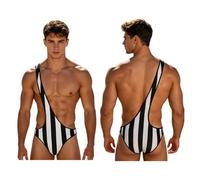 Raenseen Traje Natación Un Solo Trozo con Estampado Rayas Hombres Calzas Sedosas Mankini Trajes Baño Y Braguitas Negro M