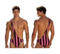 Raenseen Traje Natación Un Solo Trozo con Estampado Rayas Hombres Calzas Sedosas Mankini Trajes Baño Y Braguitas Rosa Oscuro XXL