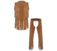 Raenseen Traje Vaquero Hombres Dos Piezas Chaleco Superior Falso Ante Con Flecos Y Pantalones Atuendos Fiestas Temáticas Marrón L