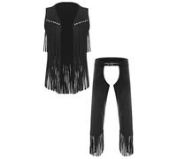 Raenseen Traje Vaquero Hombres Dos Piezas Chaleco Superior Falso Ante Con Flecos Y Pantalones Atuendos Fiestas Temáticas Negro XXL