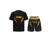 Raenseen Trajes De Boxeo Para Niños Varones De Piezas Camisetas De Manga Raglán Metálicas Y Pantalones Cortos De Mma Disfraces De Entrenamiento De Artes Marciales Negro y dorado 5-6 años