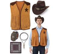 Ragelion 5 Pcs Vaquero Trajes para Hombres Vaquero Occidental Disfraz Chaleco Sombrero Corbata Hebilla Cinturón Collar para Halloween Cosplay (Kakhi, 3XL)