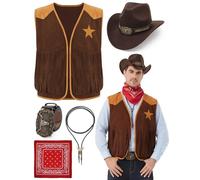 Ragelion 5 Pcs Vaquero Trajes para Hombres Vaquero Occidental Disfraz Chaleco Sombrero Corbata Hebilla Cinturón Collar para Halloween Cosplay (Marrón, 2XL)
