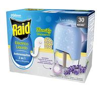 Raid® Eléctrico líquido Family Lavanda 30 noches - Enchufe anti mosquitos común y tigre 2 en 1, mata y ahuyenta. Aparato + Recambio, fragancia Lavanda