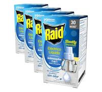 Raid Recambio Eléctrico Líquido Family 30 noches - Cargador para aparato enchufe anti mosquitos comunes y tigre 2 en 1, mata y ahuyenta, Multicolor (Paquete de 4)