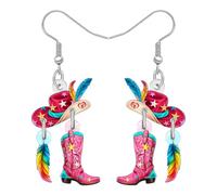 RAIDIN Acrílico Divertido Vaquero Vaquera Botas Gorro Pendientes Colgante Western Regalos para Mujeres Niñas Mamá Lindo Único Joyería Regalos Ecuestres para Rodeo Amantes del Música País (Rosa)
