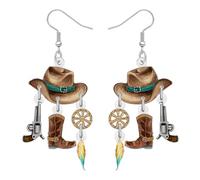 RAIDIN Acrílico Divertido Vaquero Vaquera Botas Gorro Pendientes Colgante Western Regalos para Mujeres Niñas Mamá Lindo Único Joyería Regalos Ecuestres para Rodeo Amantes del Música País (Beige)