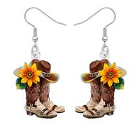 RAIDIN Acrílico Divertido Vaquero Vaquera Botas Gorro Pendientes Colgante Western Regalos para Mujeres Niñas Mamá Lindo Único Joyería Regalos Ecuestres para Rodeo Amantes del Música País (Marrón)