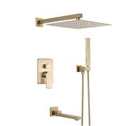 Rain cepillada Dorada Lluvia Combo baño montada en la Pared Grifo con Cabeza Ducha de Mano, Picos giratorios, Caja incrustada, 10 Pulgadas
