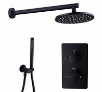 Rain Shower System Black, Anti-Scald Shower Fixtures Wall Mounted Thermostatic Shower Faucet Set with Rough-In Pressure Balanced Valve and Embedded Box,8inch