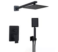 Rain Shower System Black Shower Faucet Set Single Handle Brass Shower Combo Set Wall Mounted Rain Mixer Shower with Stainless Steel Handheld Shower and Shower Head,12 Inch