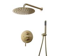 Rain Shower System Brushed Gold Shower Faucet Set Single Handle Shower Combo Set Wall Mounted Rain Mixer Shower with Handheld Shower, 10 Inch Shower Head