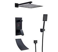 Rain Shower System LED Digital Display Black Shower Faucet Set with Waterfall Tub Spout, Wall Mounted Shower Combo Set Brass Single Handle Rain Mixer Shower with Handheld Shower, Shower Head