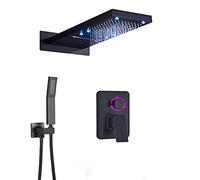 Rain Shower System LED Shower Faucet Set Wall Mounted Shower Combo Set Brass Single Handle Rain Mixer Shower with LED Rainfall and Waterfall Shower Head, Handheld Shower,Black