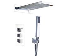 Rain Shower System Thermostatic Shower Faucet Set Wall Mounted Shower Combo Set Brass Rain Mixer Shower with Rainfall and Waterfall Shower Head, Handheld Shower,Chrome