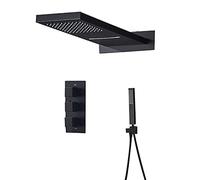 Rain Shower System Thermostatic Shower Faucet Set Wall Mounted Shower Combo Set Brass Rain Mixer Shower with Rainfall and Waterfall Shower Head, Handheld Shower,Black