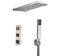 Rain Shower System Thermostatic Shower Faucet Set Wall Mounted Shower Combo Set Brass Rain Mixer Shower with Rainfall and Waterfall Shower Head, Handheld Shower,Brushed Nickel