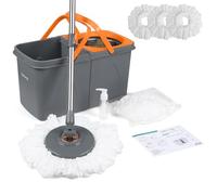 Rainberg Juego de fregona giratoria y Cubo con 3 Cabezales adicionales, Mango Extensible de 130 cm, Cabezales de Microfibra Lavables a máquina, Sistema de autoescurrido, Gris y Naranja (Juego de