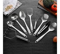 Rainberg Juego de utensilios de cocina de acero inoxidable, antiadherente, resistente al calor, juego de utensilios de cocina, triturador, elegante juego de herramientas de cocina con soporte