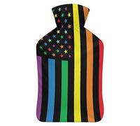 Rainbow American Flag LGBT Gay Pride Botella de agua de goma con cubierta de felpa suave, bolsa de agua caliente para invierno, manos y pies, protección contra el frío, 1000 ml