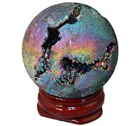 Rainbow Aura Titanium Druzy Agate Sphere Ball Adivinación Reiki Figurilla con soporte de madera