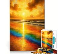 Rainbow Beach︰ Golden Sunset Waves Rompecabezas de 1000 Piezas para Adolescentes Juego de lógica Tiempo cálido Colección de Piezas de Arte de Corte preciso (38x26cm)