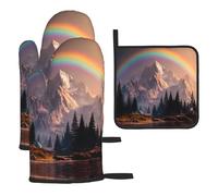 Rainbow Behind The Mountains - Juego de 3 manoplas de horno y soportes para ollas de cocina, gruesos y duraderos, antiquemaduras y aislamiento térmico para tapa de cocina, horno microondas