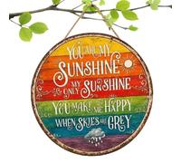 Rainbow Circular Logo Sign - Retro Hanging Wall Decor, Rope Round Metal | Sunshine Lettering Vintage Welcome Ornament, Farmhouse Garden Porch Gift for Friends Family Guests