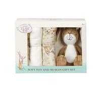 Rainbow Designs Guess How Much I Love You - Juego de Regalo Esencial para bebé, Juguete Suave de Liebre marrón Nuez y 3 paños de Muselina de algodón en Caja ilustrada, Regalo para Baby Shower recién