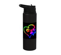 Rainbow Dog Paw Print Rescue Lover Gift Heart Black Stainless Steel Insulated Water Bottle