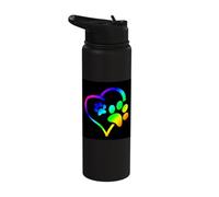 Rainbow Dog Paw Print Rescue Lover Gift Heart Black Stainless Steel Insulated Water Bottle