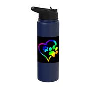 Rainbow Dog Paw Print Rescue Lover Gift Heart Black Stainless Steel Insulated Water Bottle
