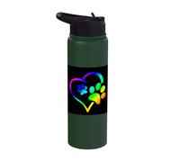 Rainbow Dog Paw Print Rescue Lover Gift Heart Black Stainless Steel Insulated Water Bottle