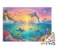 Rainbow Dolphin 1000 Piezas Puzzle Papel Reciclado Tropical Sunset Puzzles para Adultos Impossible Hard Difícil Desafiante Aliviar La Dehombrescia Senil Fun 38x26cm/1000 piezass