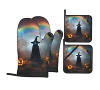 Rainbow Halloween Ghost Witch Hat Spiders Print Heat-resistant 4 Piece Oven Kitchen Gloves for Baking Cooking Microwaving Essentials