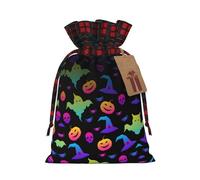 Rainbow Halloween Ghost Witch Hat Spiders Printing Color Matching Plaid Christmas Bag with Drawcord, 4.7 x 6.9 pulgadas para Navidad Halloween