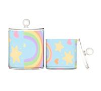 Rainbow Heart Star - Cajas de almacenamiento de plástico transparente azul con tapa, artículos esenciales de baño, cubos de almacenamiento pequeños decorativos para hisopos de algodón, paquete de 2